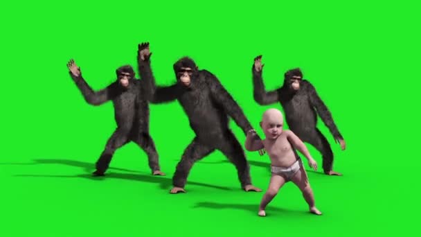 Group Chimpanzee Baby House Dance Dancer Green Screen 3D Rendering Animation Animals