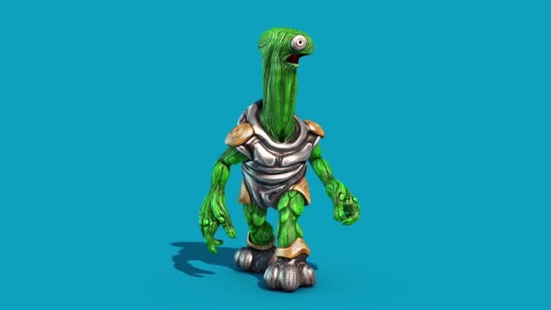 Alien Turtle Armor Mira Alrededor Pantalla Azul Reproducciones Delanteras Animaciones — Vídeos de Stock