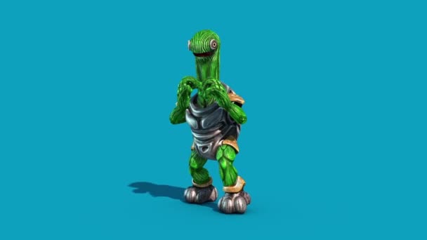 Alien Turtle Armor Boxeo Pantalla Azul Ataque Delantero Renderizaciones Animaciones — Vídeos de Stock