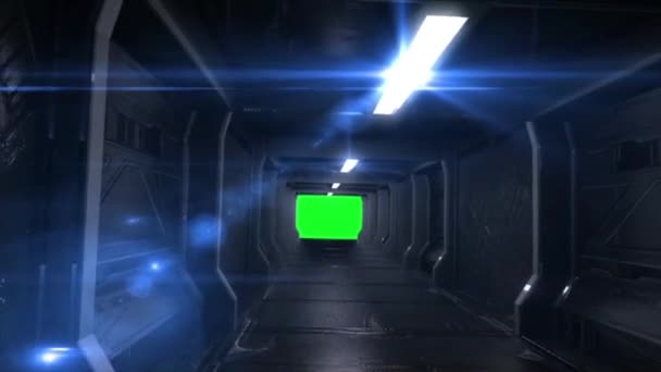 Corridor Alien Ruimteschip Ruimte Sterren Lichten Groen Scherm Rendering Animatie — Stockvideo