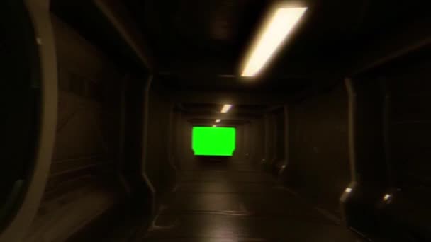 Korridor Alien Raumschiff Raumschiff Sterne Glitch Green Screen Rendering Animation — Stockvideo