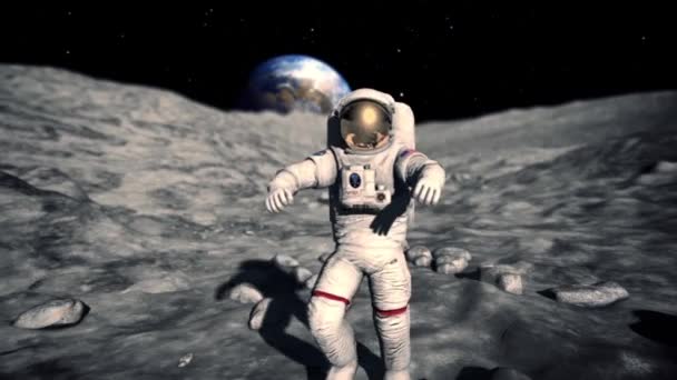 Astronaut Walks Moon Front Back Background Earth Renderings Animations — Stock Video