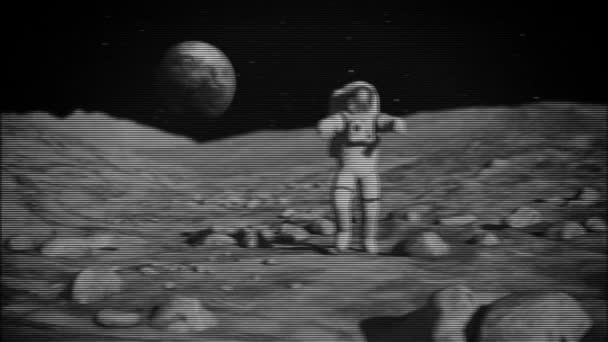 Astronaut Walks Moon Background Earth Old Style Renderings Animations Royalty Free Stock Video