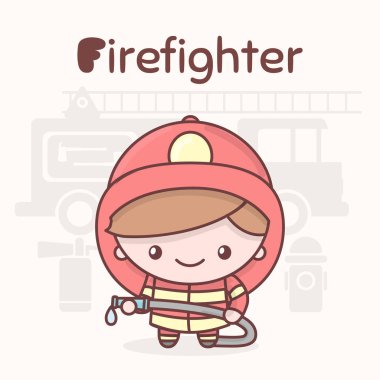 Şirin chibi kawaii karakter. Alfabe meslekler. Harf F - itfaiye eri