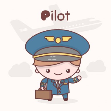 Şirin chibi kawaii karakter. Alfabe meslekler. Harf P - Pilot