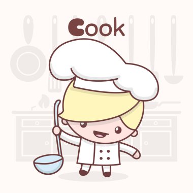 Şirin chibi kawaii karakter. Alfabe meslekler. Adı C - aşçı.