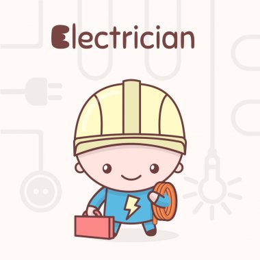 Şirin chibi kawaii karakter. Alfabe meslekler. Mektup E - elektrikçi