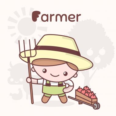 Şirin chibi kawaii karakter. Alfabe meslekler. Harf F - çiftçi.