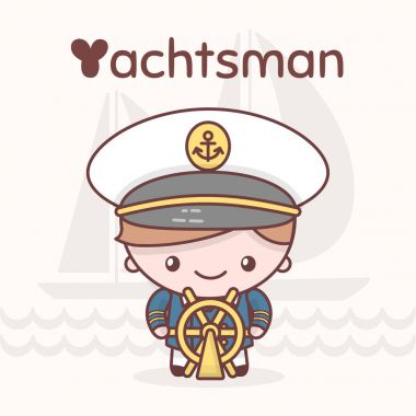 Şirin chibi kawaii karakter. Alfabe meslekler. Harf Y - Yachtsman
