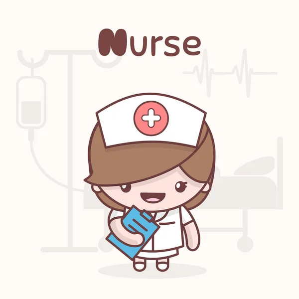 Personagens chibi kawaii bonito. Profissões alfabéticas. Carta N - Enfermeira . —  Vetores de Stock