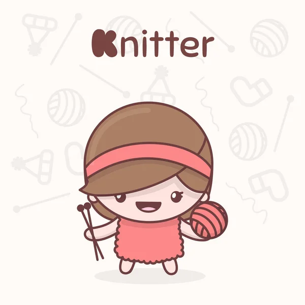 Cute chibi kawaii characters. Alphabet professions. Letter K - Knitter — Stock Illustration Cute chibi kawaii characters. Alphabet professions. Letter K - Knitter Vector Graphics