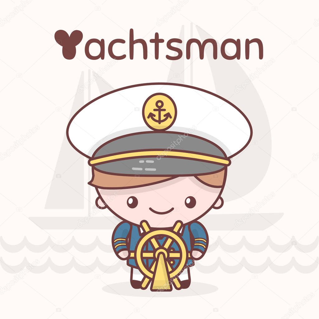 Cute chibi kawaii characters. Alphabet professions. Letter Y - Yachtsman