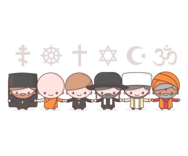 Şirin chibi kawaii karakter. İnsanlar farklı dinlerin. Jud