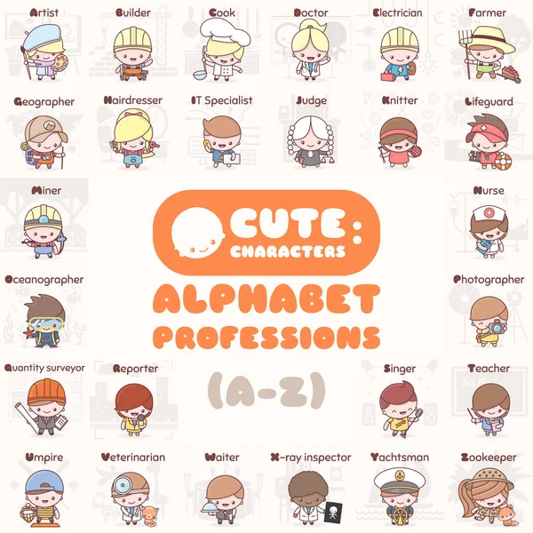 Şirin chibi kawaii karakterleri ayarlayın. Alfabe meslekler. Mektuplar 