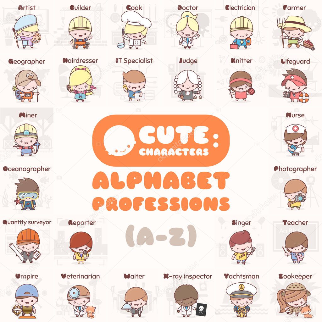 Cute chibi kawaii characters set. Alphabet professions. Letters 