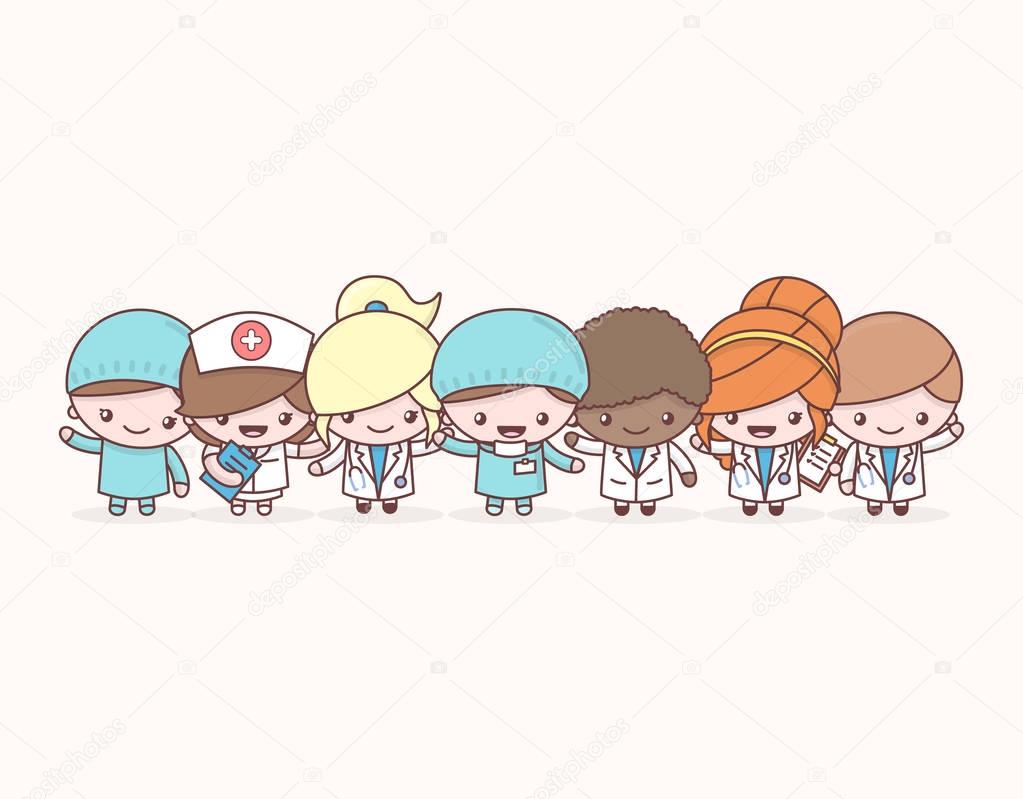 Cute chibi kawaii characters profession set. Hospital medical st