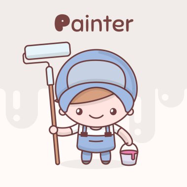 Şirin chibi kawaii karakter. Alfabe meslekler. Mektup  