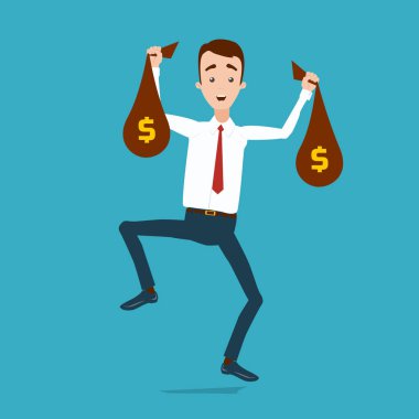 Çantalar dolusu para onun elleri jum ile bir gömlek içinde mutlu işadamı