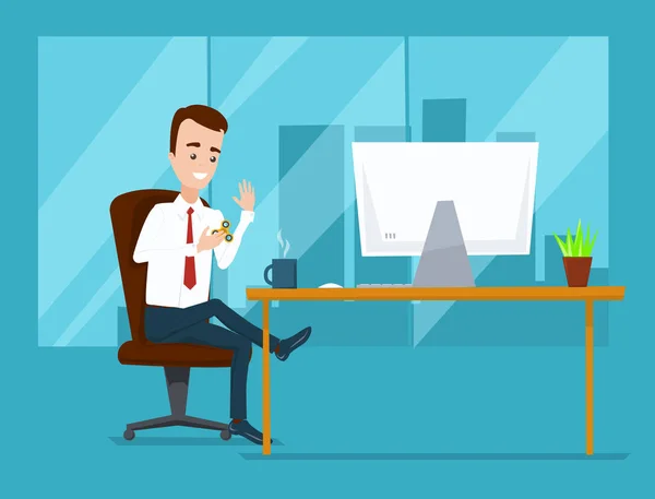 Businessman sitting in the office at the computer and playing in — Stock Vector