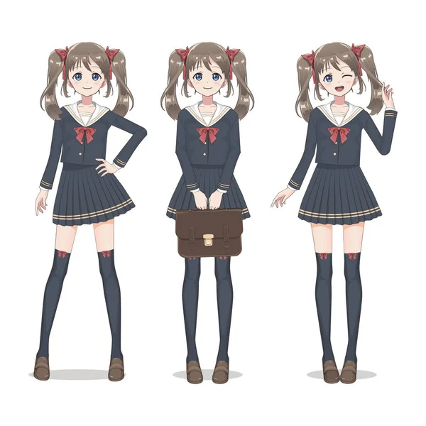 Anime manga colegiala en una falda, medias y bolso escolar con — Vector de stock