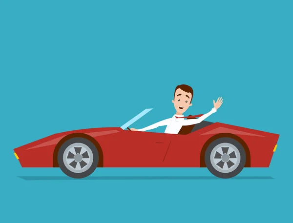 Επιχειρηματία σε ένα λευκό πουκάμισο οδήγηση ένα κόκκινο σπορ αυτοκίνητο σε ένα bl — Διανυσματικό Αρχείο