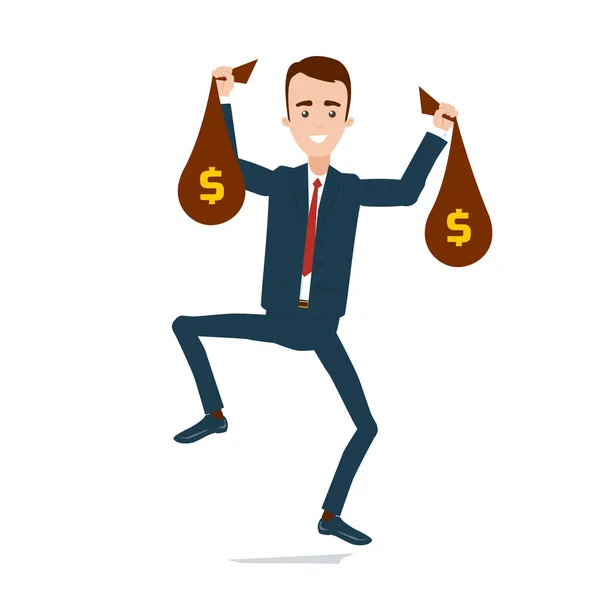 Boldog üzletember ruha zsák pénzzel kezében ugrás wi — Stock Vector