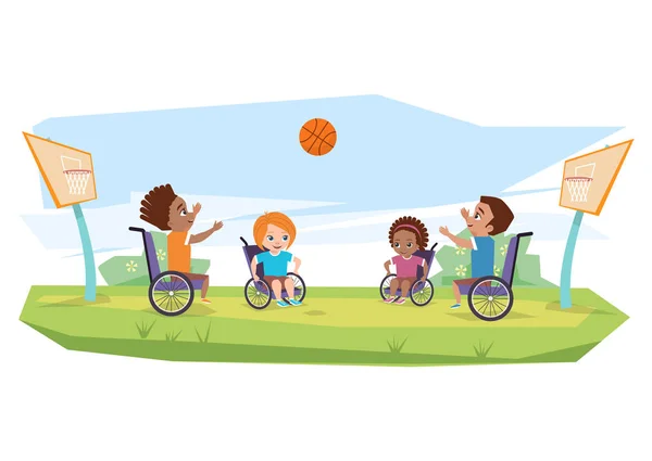 Діти з обмеженими можливостями грають у баскетбол на відкритому повітрі — стоковий вектор