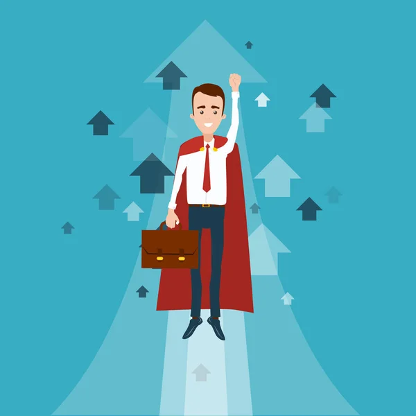 A superhero businessman with a briefcase in his hand flew up. Ma — Stock Vector