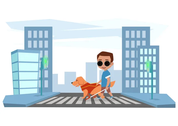 Cego rapaz atravessa a estrada com um cão guia — Vetor de Stock