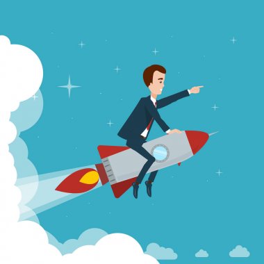 İşadamı karşı Bulutların arasından bir roket üzerinde uçuyor