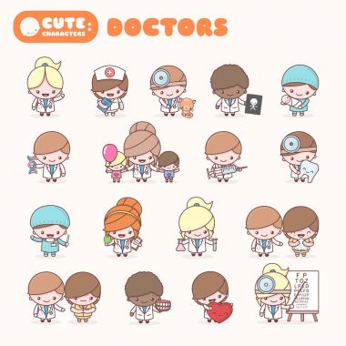 Şirin chibi kawaii karakter meslek kümesi: Doktorlar.