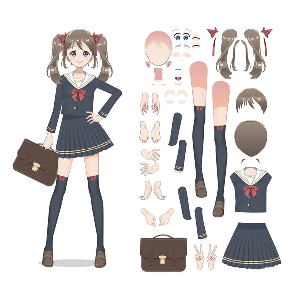 Anime manga schoolgirl in a skirt, stockings and schoolbag. Cart — Stock Vector
