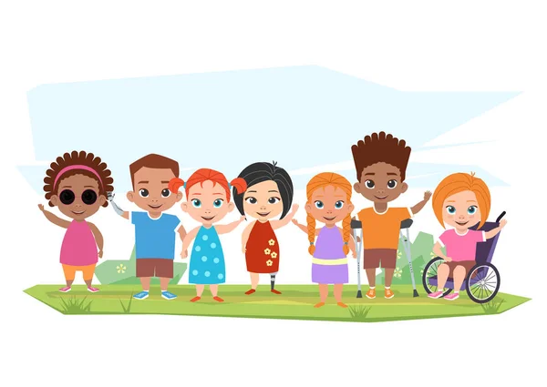 Niños con diferentes discapacidades y niños sanos posando , — Vector de stock