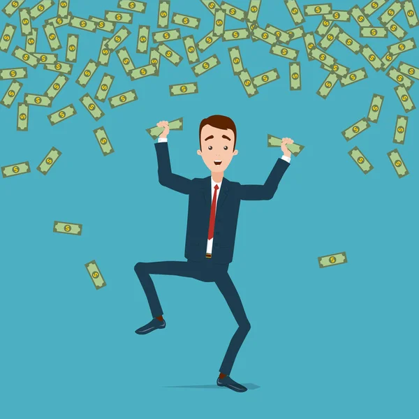 Egy üzletember felugrik és táncol az öröm, az esőben, a pénz. Mo — Stock Vector