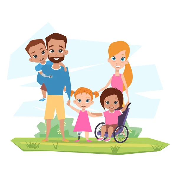 Lycklig familj med barn med funktionshinder omfamning i naturen — Stock vektor