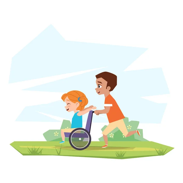 Los niños felices juegan en la naturaleza. Un chico está montando a una chica discapacitada. — Vector de stock