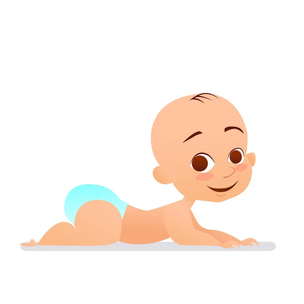 Lindo bebé se encuentra en el estómago y sonríe en el fondo blanco aislado — Vector de stock