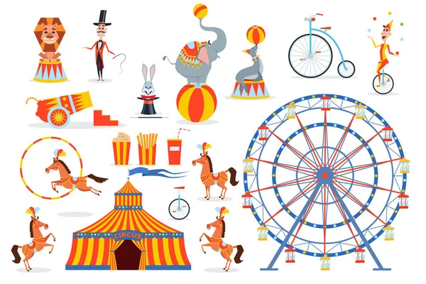 Un gran conjunto de personajes y objetos de circo — Vector de stock