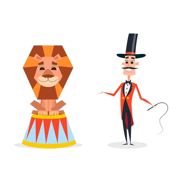 Entrenador de circo con un látigo en traje rojo. Un domador de animales está junto a un león sonriente . — Vector de stock