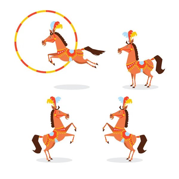 Caballo de circo en un hermoso traje, joyas, plumas salta a través del aro, se encuentra en sus patas traseras. diferentes posturas — Vector de stock