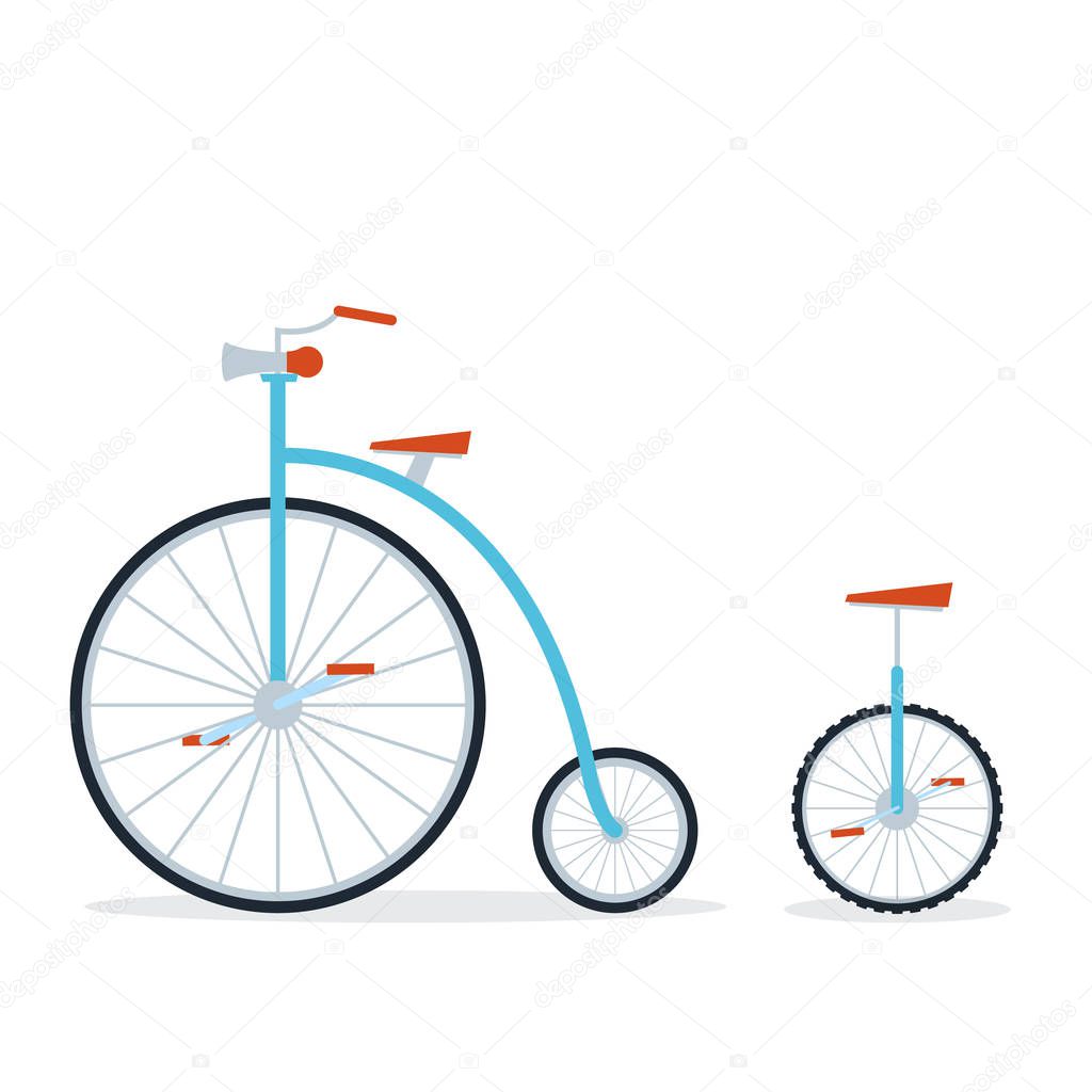 Circus bike and unicycle. Flat style on isolated background