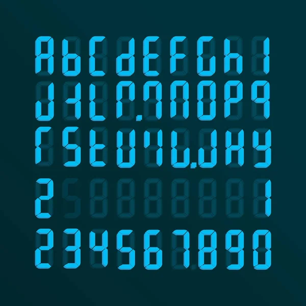 Alfabeto electrónico realista de la A a la Z y números. Marca en la pantalla. Fondo azul moderno — Vector de stock
