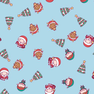 Yeni yıl desen. Noel Baba, yılbaşı ağacı, mavi bir arka plan üzerinde geyik