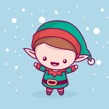 Güzel şirin kawaii chibi. Elf kar altında sevinir. Neşeli Noel ve a mutlu yeni yıl