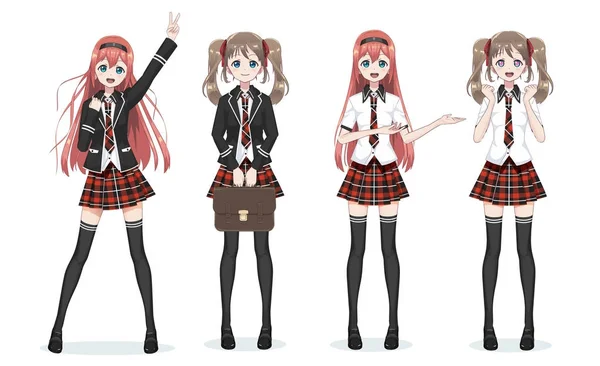 Indah anime manga gadis sekolah di rok - Stok Vektor