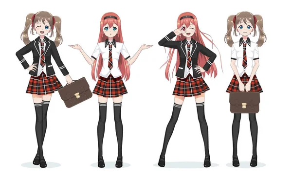 Vackra anime manga Skolflicka i kjol — Stock vektor