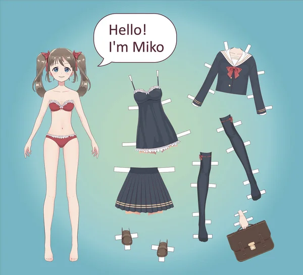 Anime κορίτσι manga. Μια κούκλα χαρτί για την αναπαραγωγή κορίτσια. Δαντέλες εσώρουχα, σουτιέν, πουκάμισο, σχολική στολή με τόξα. Χαρακτήρας κινουμένων σχεδίων σε ιαπωνικό στυλ. — Διανυσματικό Αρχείο