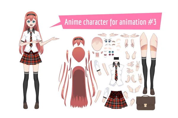 Anime colegiala manga en una falda de tartán rojo, medias y mochila. Personaje de dibujos animados en el estilo japonés — Vector de stock