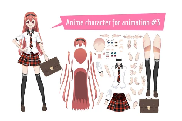 Anime colegiala manga en una falda de tartán rojo, medias y mochila. Personaje de dibujos animados en el estilo japonés — Vector de stock