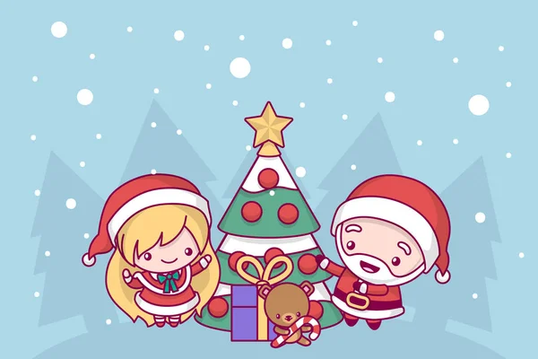 Прекрасный милый кавайский чиби. Санта-Клаус и Снегурочка украшают новогоднюю елку под снегом. Счастливого Рождества и счастливого Нового года. поздравительная открытка — стоковый вектор